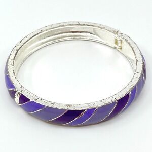 Vintage Retro Purple Enamel Silver Tone Bangle Bracelet Striped Hinged Cuffs